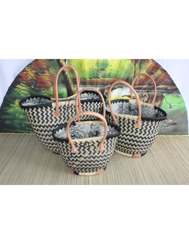 Panier ROND avec tissu WAX africain - Noir & Naturel - Cabas Sac Anses Longues - 3 TAILLES - Marchés, courses, plage... en stock