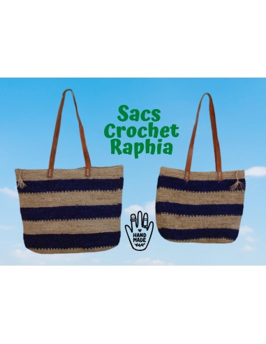 SAC CROCHET RAPHIA - Naturel & Bleu - Anses Longues - Tressé à la Main - Artisanat de Madagascar - Découvrez la collection