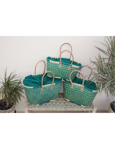 Panier Turquoise XXL de MADAGASCAR + Tissu Pochon - 3 tailles - Sac Cabas courses, marchés, plage les ligaments