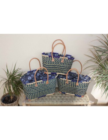 Panier de courses avec Pochon Tissu WAX fleurs Bleu - Cabas marchés - Sac de plage - 3 TAILLES - Les êtres humains sont 