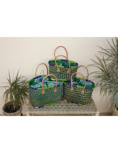 Cabas de courses avec Pochon Tissu WAX Vert & Bleu - panier marché - Sac de plage - 3 TAILLES rembourrage situé sous