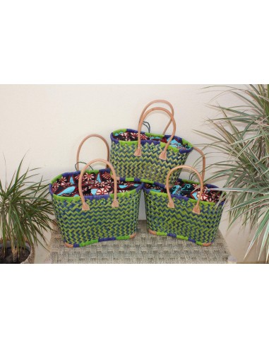 Cabas courses Vert & Bleu - Pochon Tissu WAX Fleurs Rouge - Panier marché - Sac de plage - 3 TAILLES basket pas cher