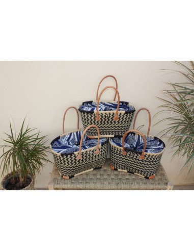 Panier Marché Noir & Naturel - Pochon Tissu WAX Bleu et Blanc - Cabas courses - Sac de plage - 3 Tailles - destockage