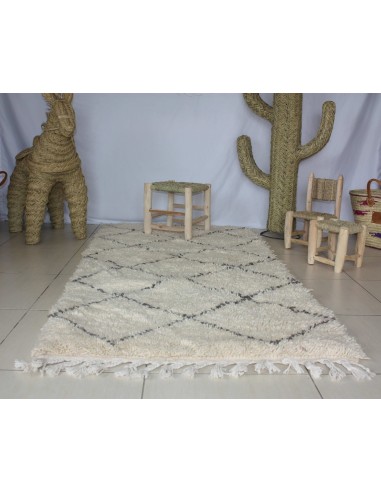 LONG & GRAND Tapis Marocain Blanc Beni Ouarain - Motif Losange Noir - Artisanal Berbère - 100% Laine de mouton en linge