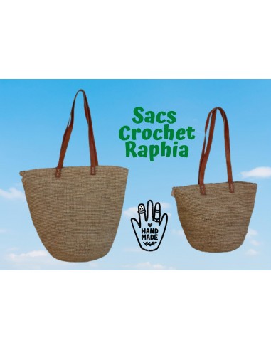 SAC CROCHET RAPHIA - Anses Longues Cuir - Fond rond & Poche intérieure - Entièrement Fait Main - Artisanat Madagascar - offre 