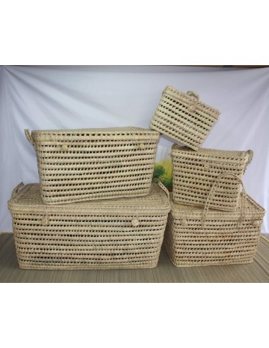 Coffre de rangement - 5 Tailles - Malle tressé en Palmier Doum - Bac Corbeille avec couvercle - Paille Rotin Osier destockage