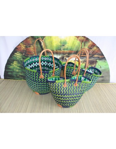 Panier ROND tissu pochon WAX africain - Cabas Bleu & Vert - Sac Anses Longues - 3 TAILLES - Marchés, courses, plage... de France