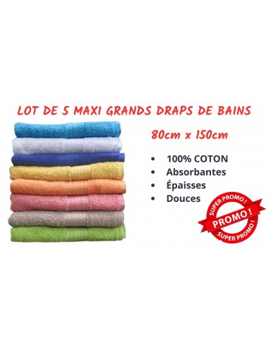 Lot de 5 MAXI Draps de bain - 80x150cm - GRANDES SERVIETTES 100% Coton de Qualité en linge