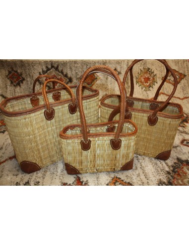 Panier de courses en jonc - Cabas marchés osier sac rotin - SOLIDE RENFORTS CUIR - 3 Tailles outlet